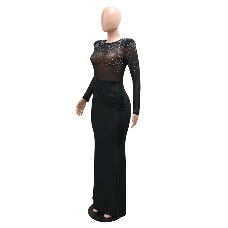 Women Long Sleeve Sexy See Through Mesh Patchwork Diamonds Maxi Evening Party Dresses Black Bodycon Rhinestone Night Club Dress