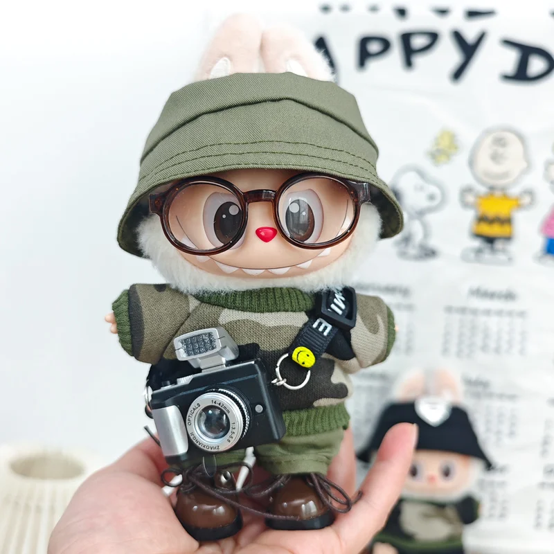 

For Labubu Blind Box Hanging Decoration Casual Camouflage Suit Fisherman Cap Set Second Generation 17cm Pull String Doll Clothes