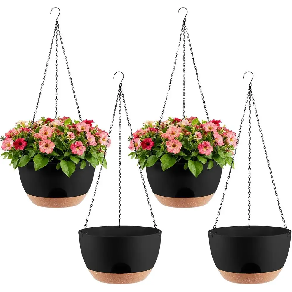 4-Piece Set of 8-Inch Hanging Planters with Automatic Watering System and Drip Tray, Includes Metal Chain, Suitable for Various