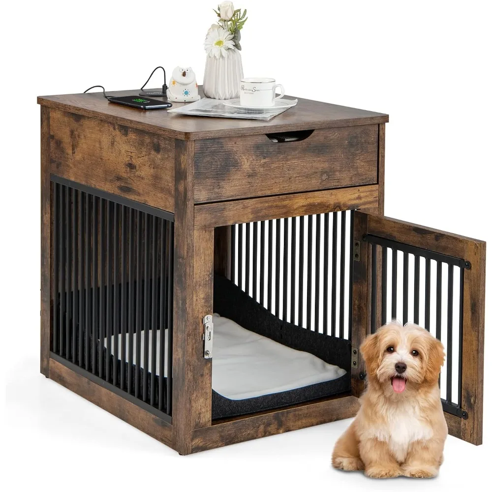 Furniture Style Dog Crate, Decorative Dog Kennel End Table with USB & Wireless Charging Station, Storage Drawer, Indoor