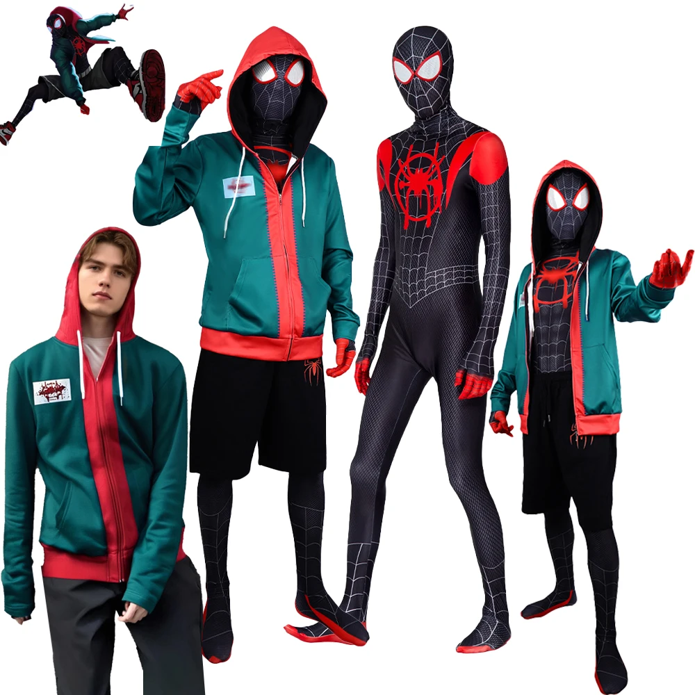 

Adult Spiderman Costume Miles Morales Cosplay Bodysuit Masks Super Hero Role Play Jacket Jumpsuit Halloween Party Fancy Dress Up