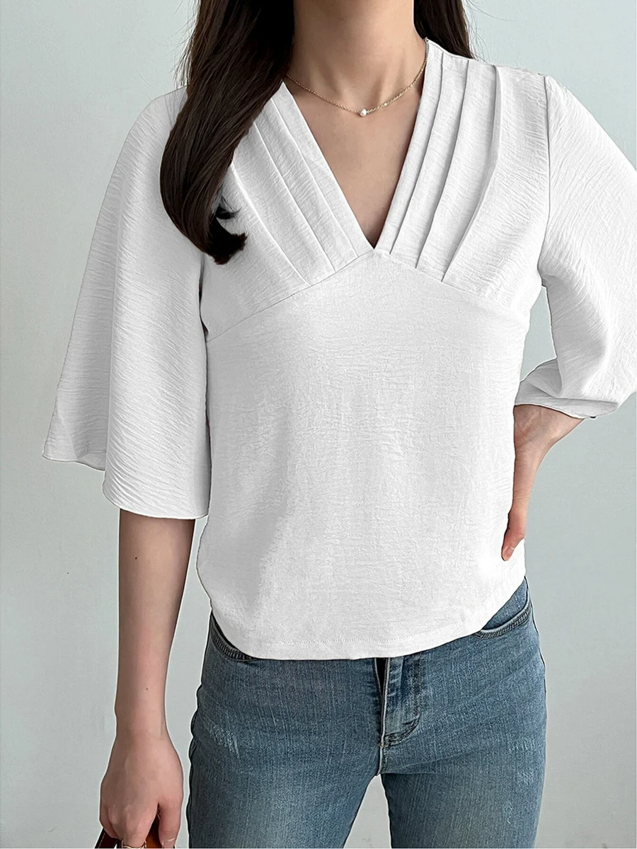 Mugen Plus Size Women Clothing Short Sleeves Blouse Solid Color Elegant Female Blouse V Neck Shirt Pleated 2024 New Fashion New