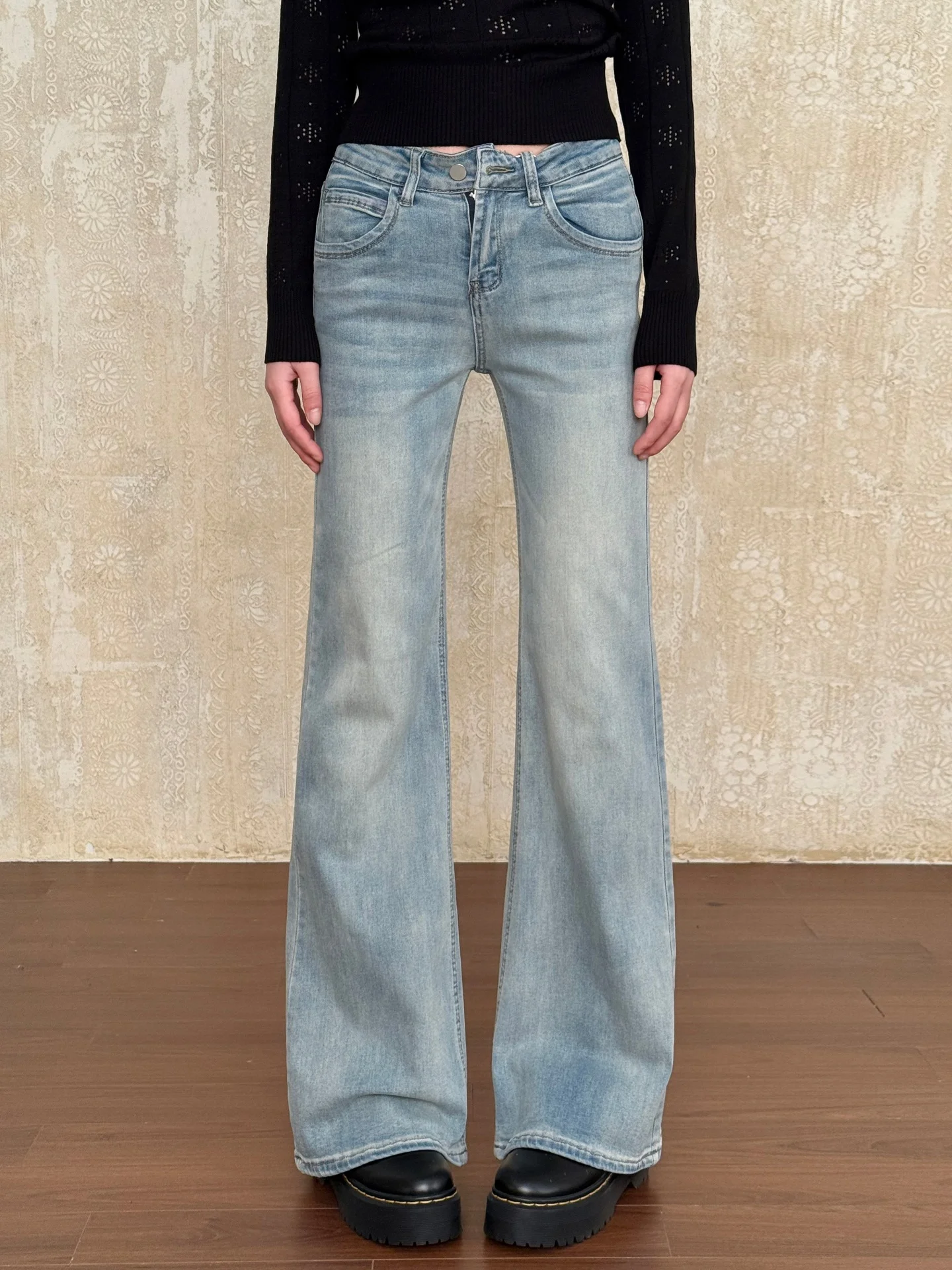 

American Sle Low Waist Bell Bot Jeans Women's Slimming Light Blue VintageTang Long Pants Casual Cotton Denim