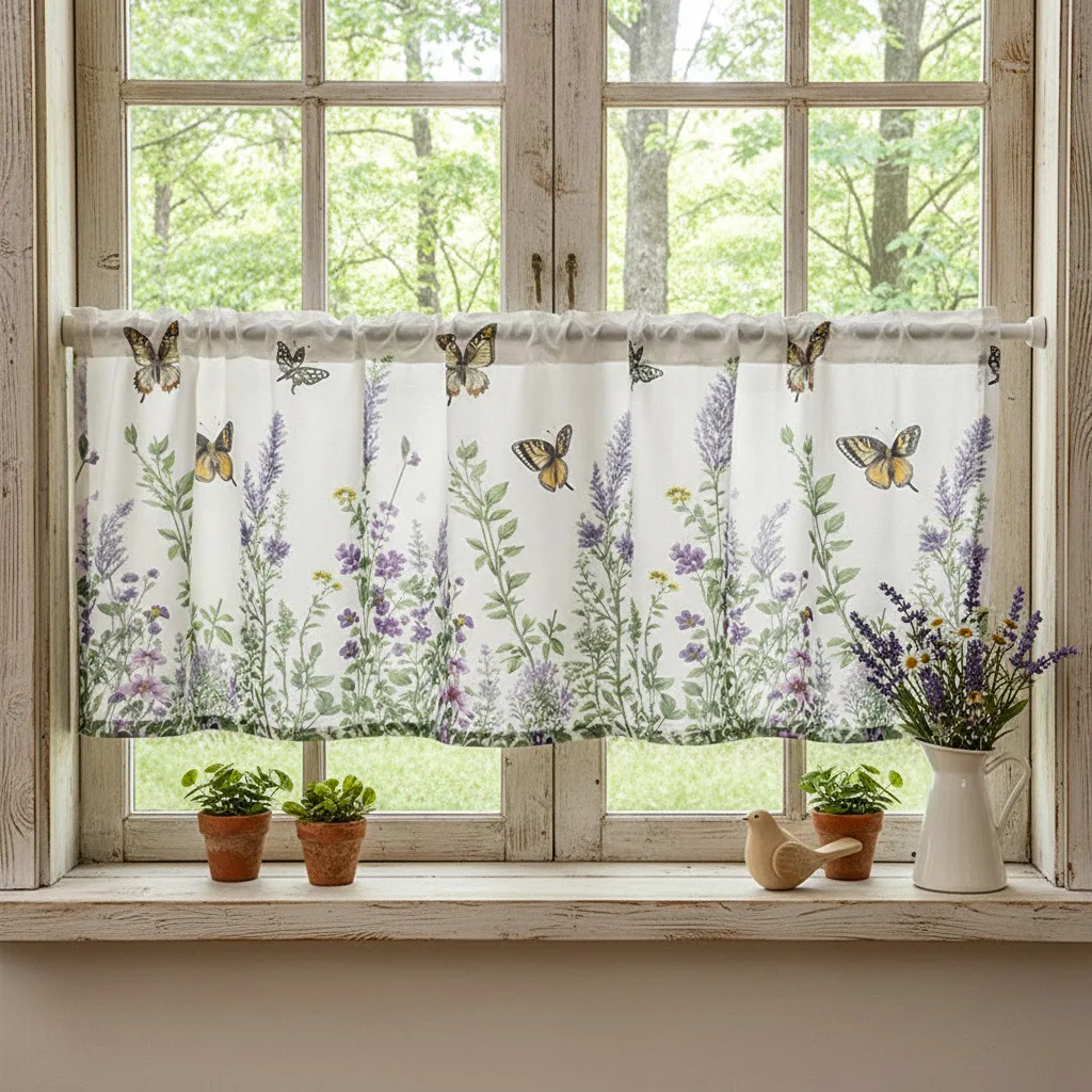 Window Valance Floral Butterfly Print Postal Style Kitchen Coffee Short Curtain Farmhouse Rod Pocket 180x60cm Rustic Valances