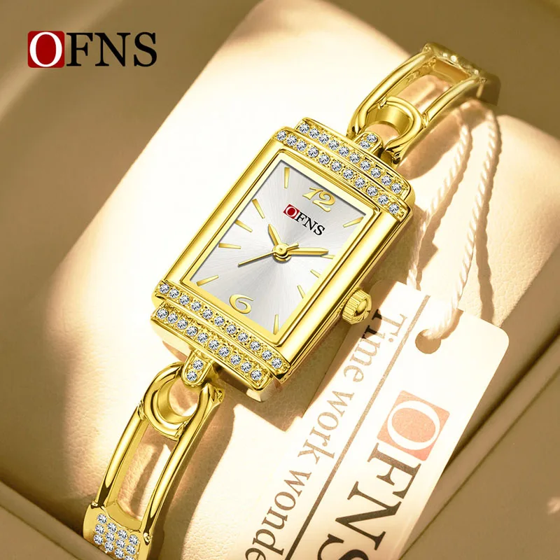

Fashion Ofns 7218 Brand Diamond Encrusted Small Square Watch French Luxury Quartz 3atm Waterproof Alloy Strap Women's Gifts