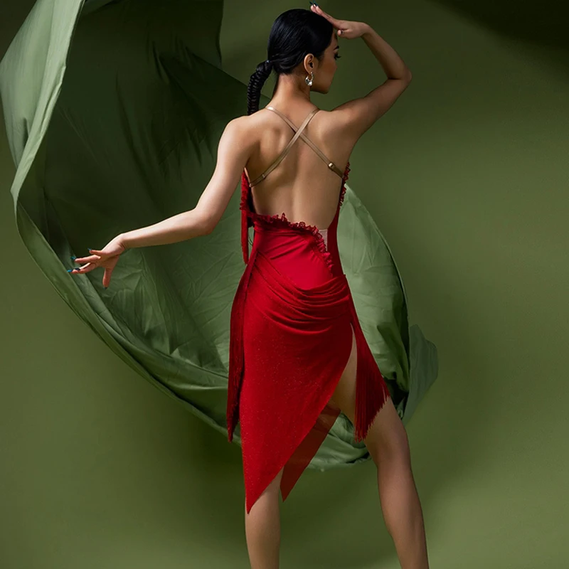 Latin Dance Professional Dress Women'S Sexy Backless Fringed Dresses Adults Samba Chacha Rumba Latin Dance Costume