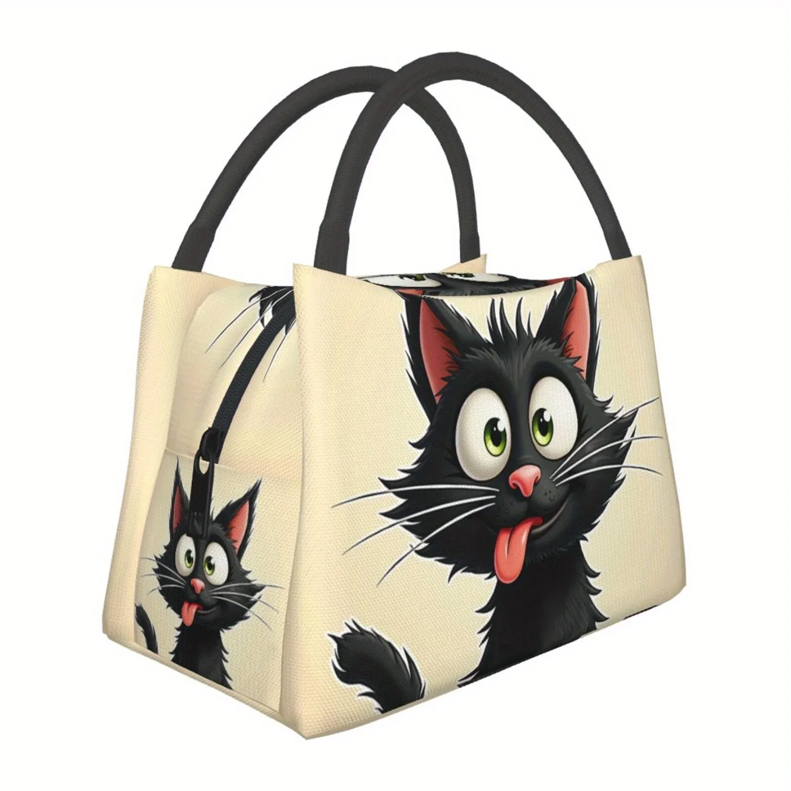 Cute Black Cat Lunch Bag Insulated Thermal Food Container with Zipper Seal Non-Food Contact Safe Oxford Fabric Bag Office