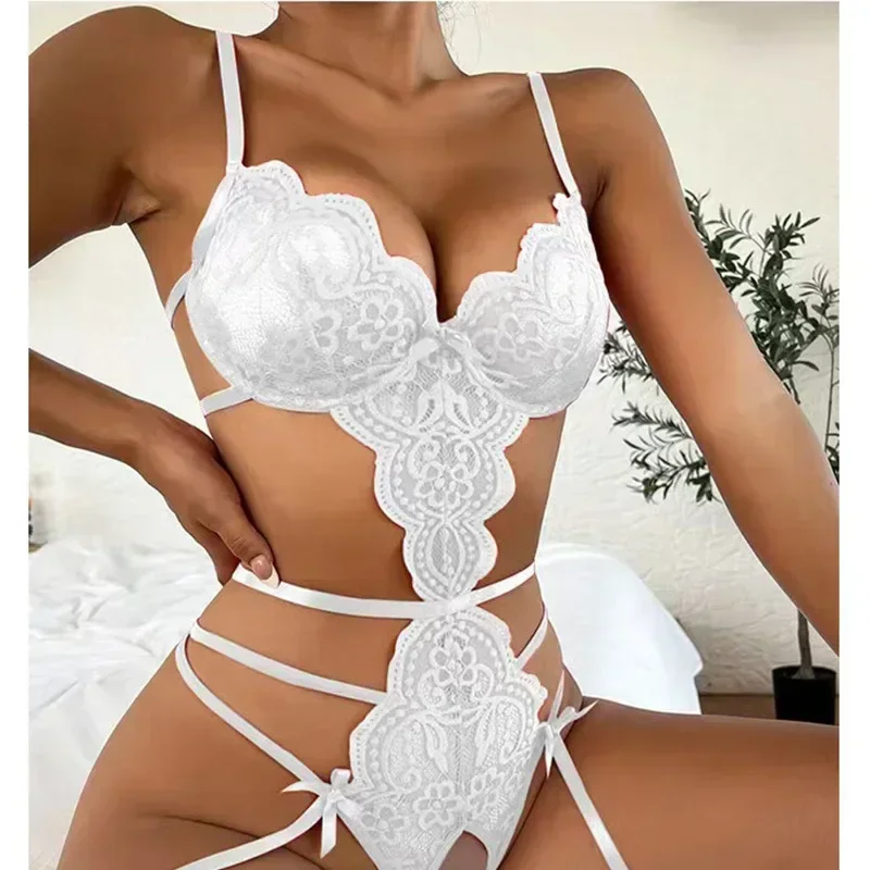 Hot Lace Bodysuit Babydoll Pajamas Set Garter Deep V Open Bra Crotchless Women\'s See-Through Corset Sex Lingerie Exotic Apparel