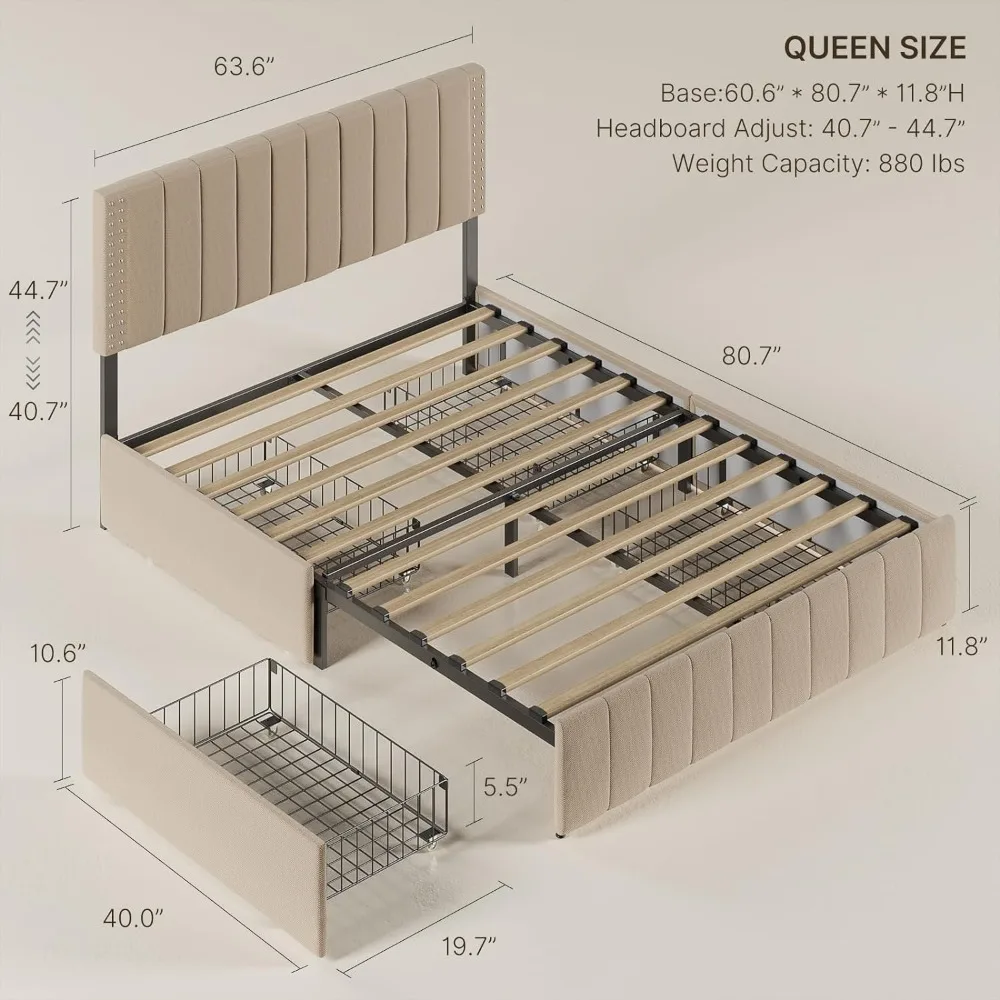 Queen Size Bed Frame, Headboard Adjustable, Noise Free, Wooden Slats Support, Fits 6” To 12” Mattress, Bed Frame