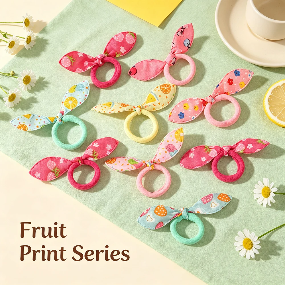 10Pcs/set Cute Rabbit Ear Bow Hair Rubber Bands Random Colorful Print Elastic Hair Ties for Little Girls Daily Hairstyle