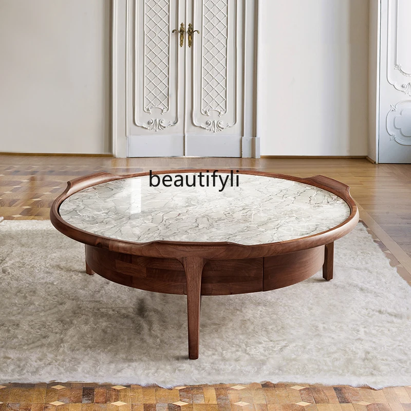 

Green Natural Marble Tea Table North America Black Walnut Nordic Minimalist Villa Solid Wood round Tea Table Coffee Table