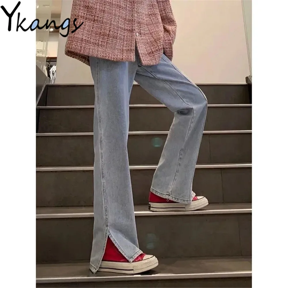 

Side Slit High Waist Stitching Straight Jeans Loose Simple Women Streetwear Wild Denim Pants Korean Fashion Thin Flared Trousers