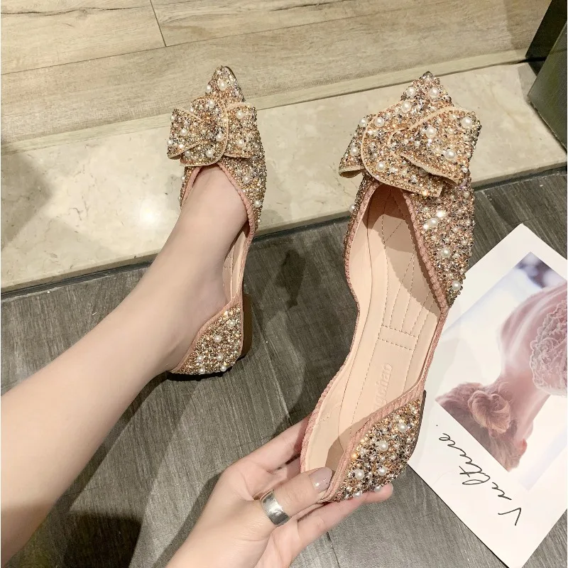 Pointed Toe Pearl Rhinestone Single Shoes Women's 2026 New Fashion Shallow Mouth Side Hollow Women's Shoes Women Bow Flat Heels
