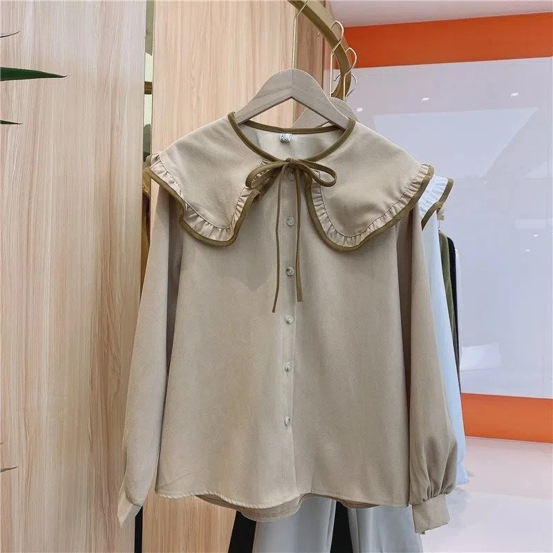 

Корейский длинный кардиган с кукольным воротником-стойкой, пояс с узлом, женский топ, осень-зима, Новое поступление