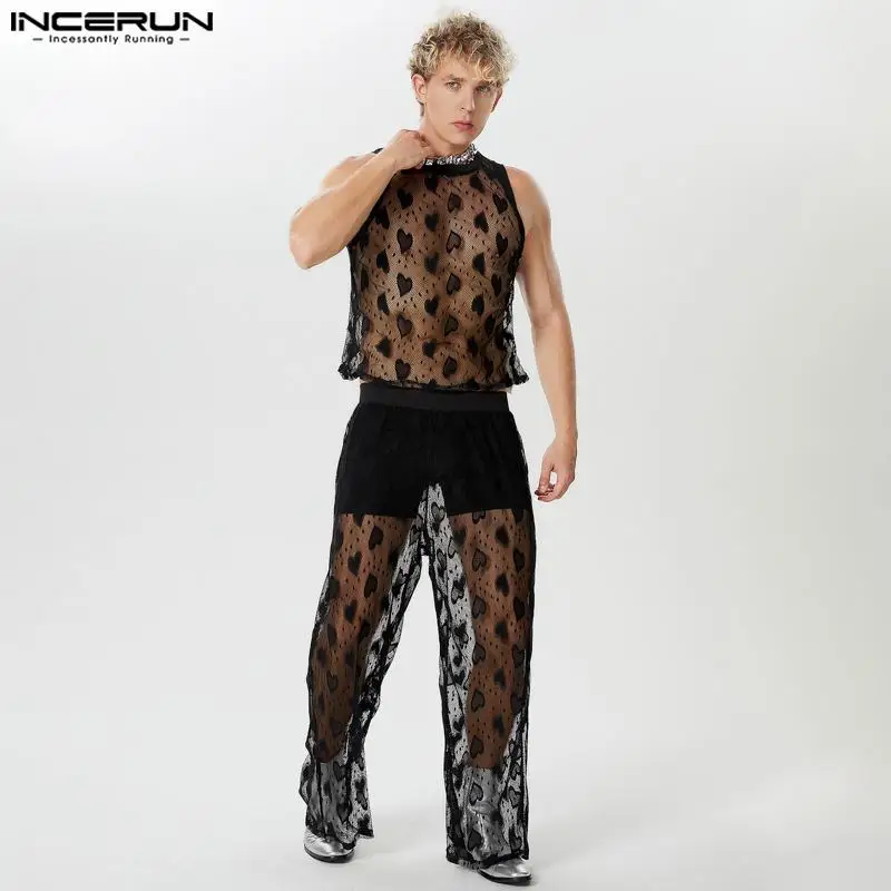 Incerun 2024 American Style stilvolle Sets neue Männer lieben Spitze ausgehöhlte Westen lange Hosen sexy lässig männlich zweiteilige Sets S-5XL