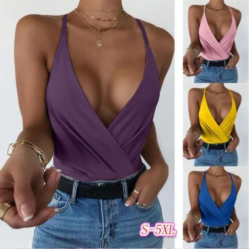 Camisa recortada con cuello en V profundo para Mujer, ropa Sexy de talla grande, sin mangas, cuello Halter, Tops