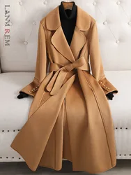 LANMREM Long Double Sided Wool Coat Lapel Solid Color Belt Winter Coats Women Elegant Style Streetwear High End Clothing 2DA1960