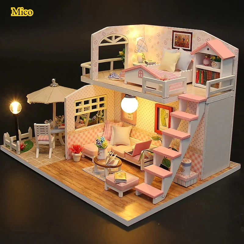 

Exquisite Wooden Miniature House with LED Lighting Home & Desktop Decoration Creative Gift