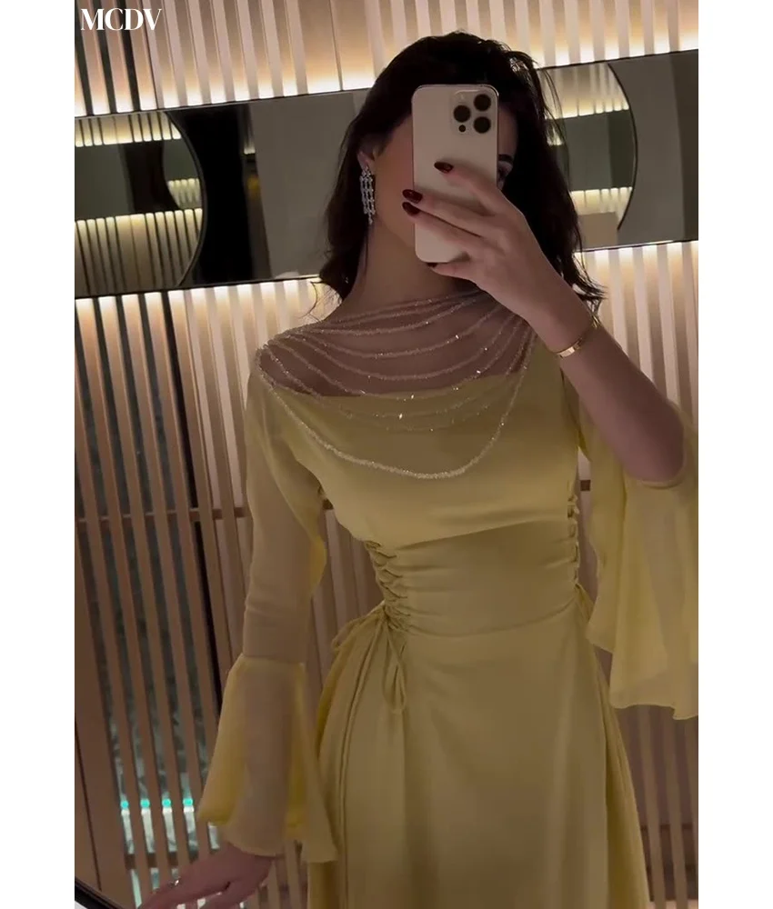 Customized Graceful Chiffon A-Line Off the Shoulder Sequined Beading Evening Dress Delicate Boat Neck Long Sleeves Party Gowns