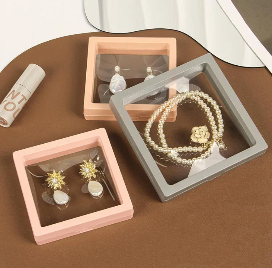 10pcs 3D PE Film Jewelry Storage Box Packaging Case Free Stand Floating Frame Membrane Ring Earrings Necklace Display Holder view 3