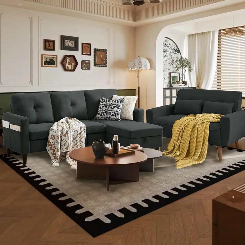 

Small L-Shaped 3-Seat Convertible Sectional Sofa Set with Reversible Chaise and Accent Chair, Polyester Fabric, Black