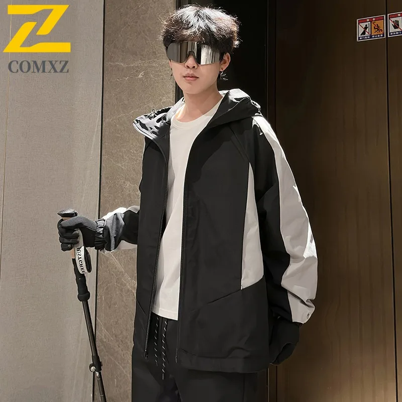 

COMXZ Men's Jacket 2025 New Hooded Reversible Color Block Loose Fit Two Sides Wear Waterproof Windbreaker Casual Outdoor Coat