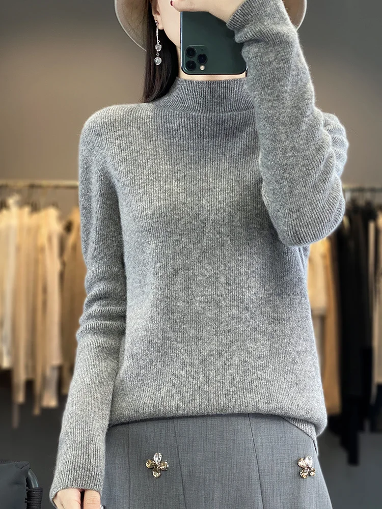 

TLOML New Women Mock Neck Pullover Sweater 100% Merino Wool Knitwear Autumn Winter Soft Basic Versatility Cashmere Sweater Tops