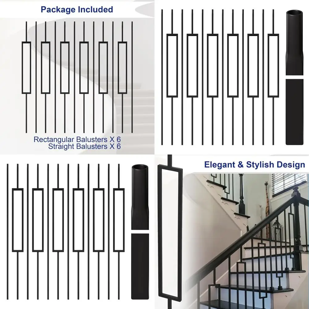 

Set of 12 Black Iron Staircase Spindles, 44 x 1/2, 6 Rectangular & 6 Straight for Interior Railing