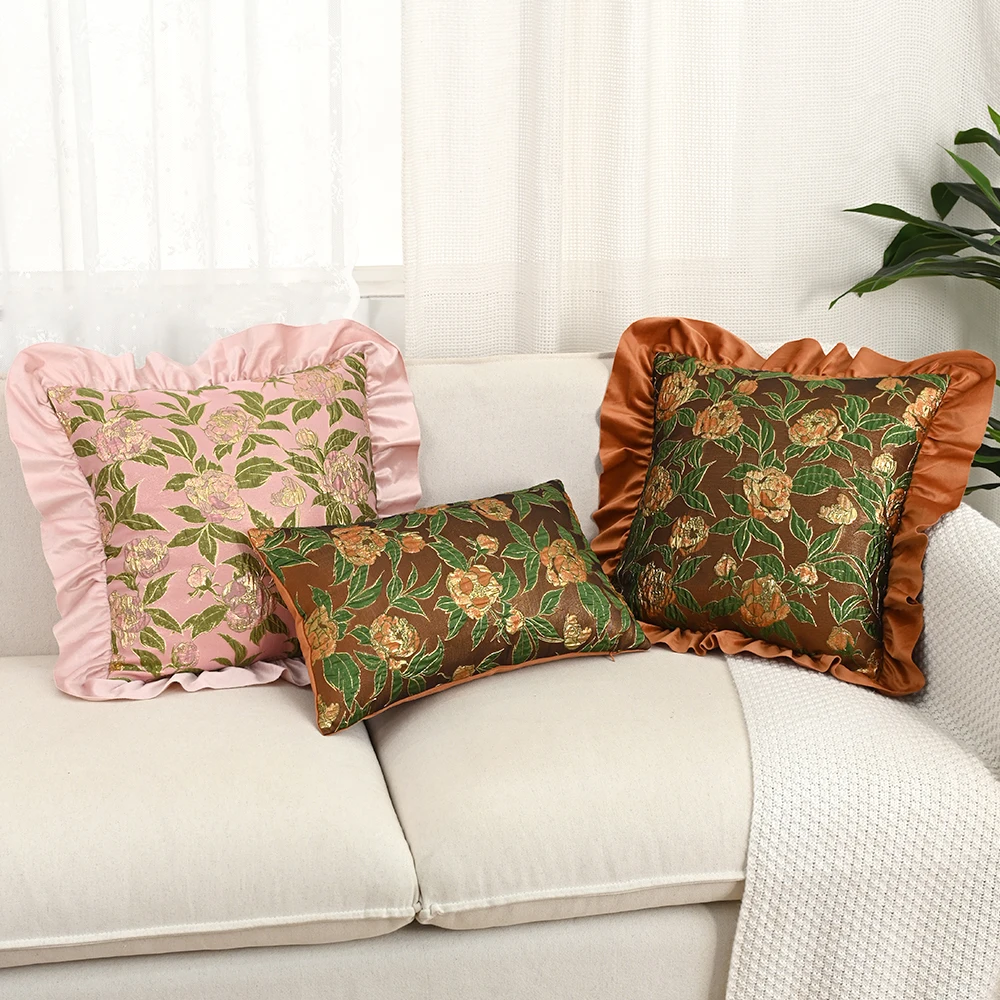 BUYNOW 1PC OrangePink Flower Jacquard Hollandaise Lace Pillowcase Vintage Pastoral Living Room Sofa Cushion Cover Home Bed Decor