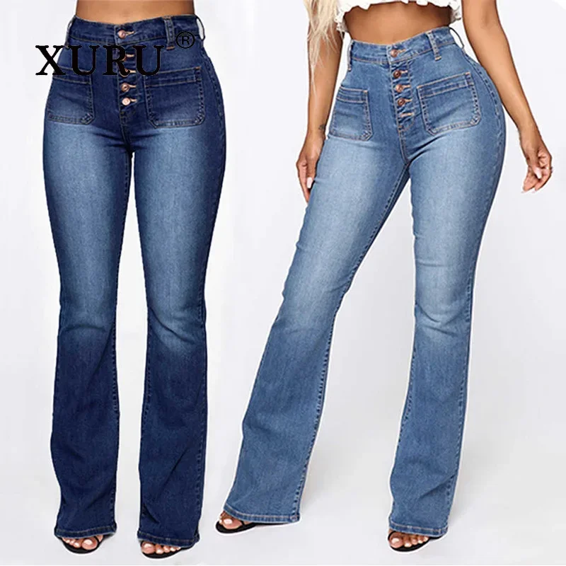 XURU - New European and American Button Up Patch Pocket Jeans for Women, Micro La Wash Long Pants Jeans K81-119