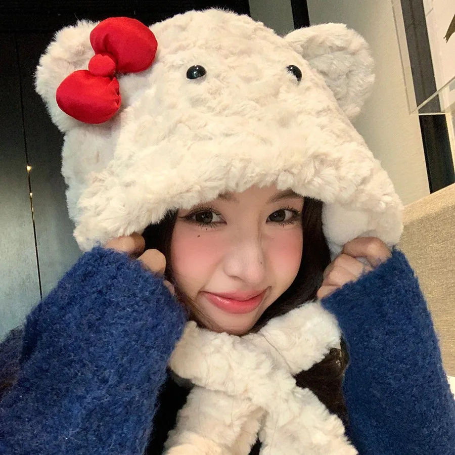 Adorable Bow Bear Plush Hat with Integrated Winter Scarf for Women Thickened Windproof and Warmth-Retaining Lei Feng Hat