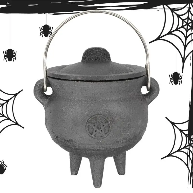 Halloween Witch Pot Cast Iron Black Cauldron Kettle With Lid And Handle Wizard Witch Cauldron Decoration Prop For Halloween