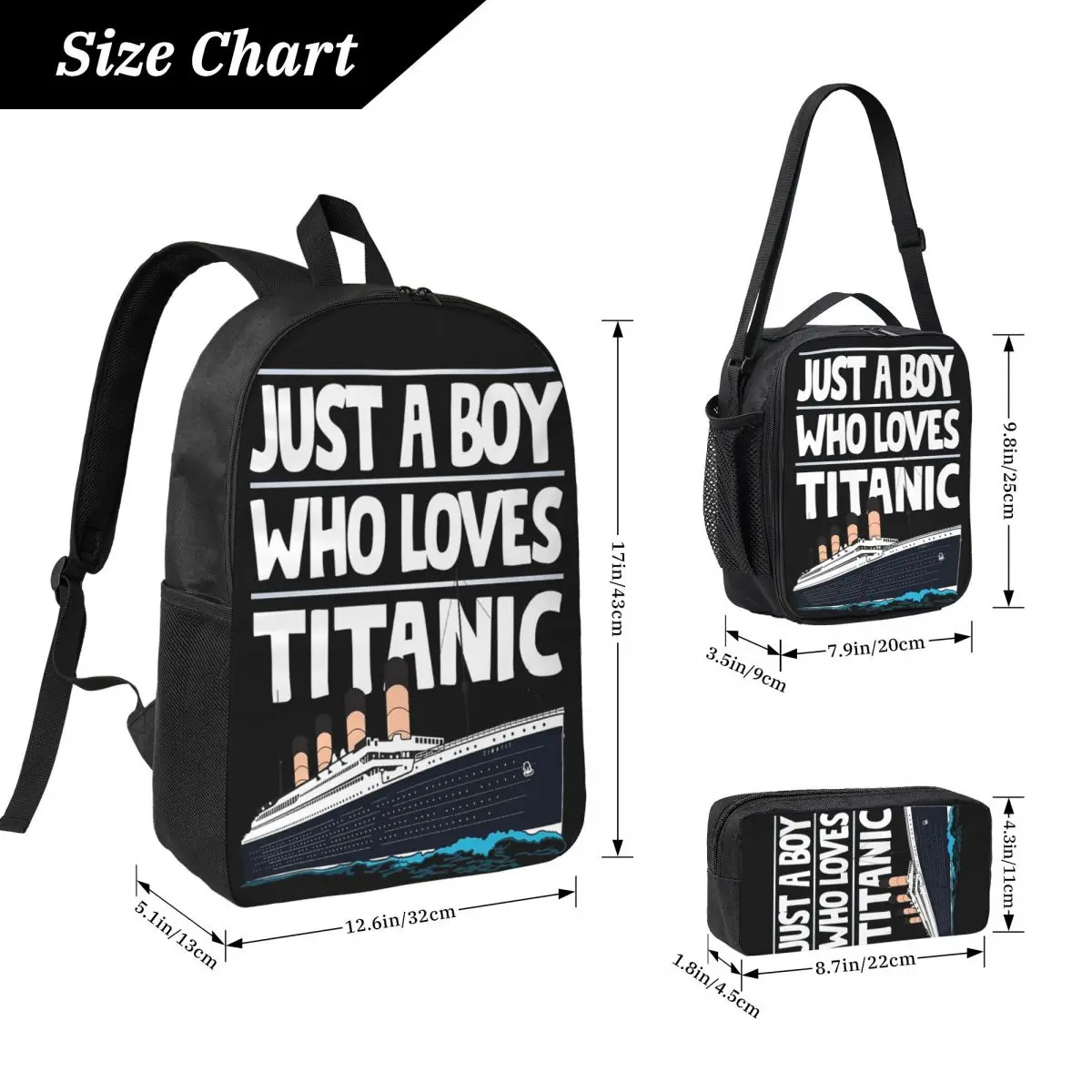 Just A Boy Who Loves Titanic Titanic Ship Backpack Student Boys Girls BookBag School Bag 3ps Insulated Lunch Bag Pencil Case