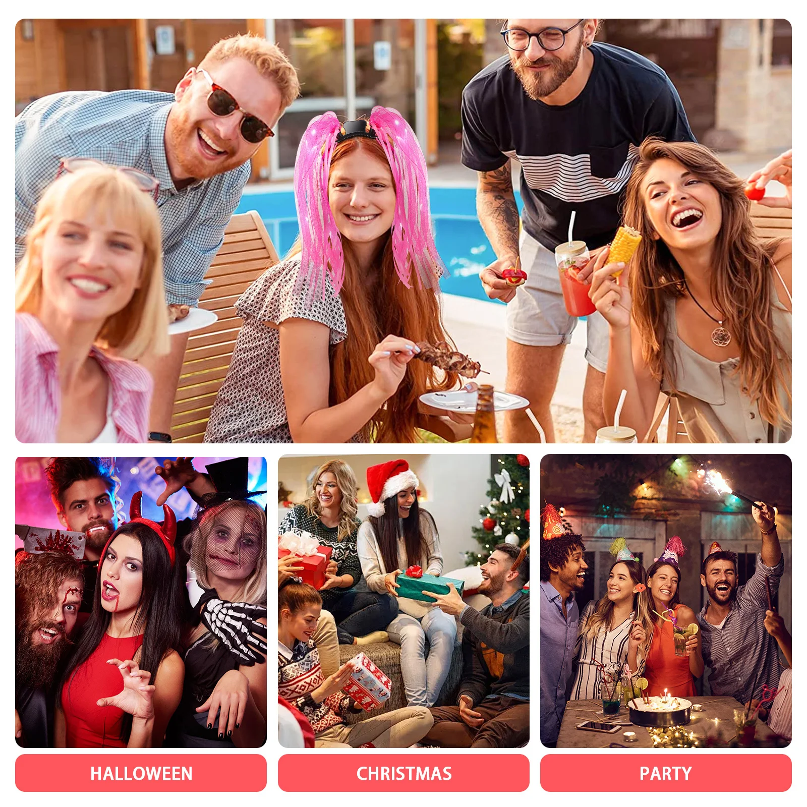 

Luminous Headband Pink Flashing Led Hair Extensions For Parties Halloween Glow Braid Light Up Headdress Night Events Festival