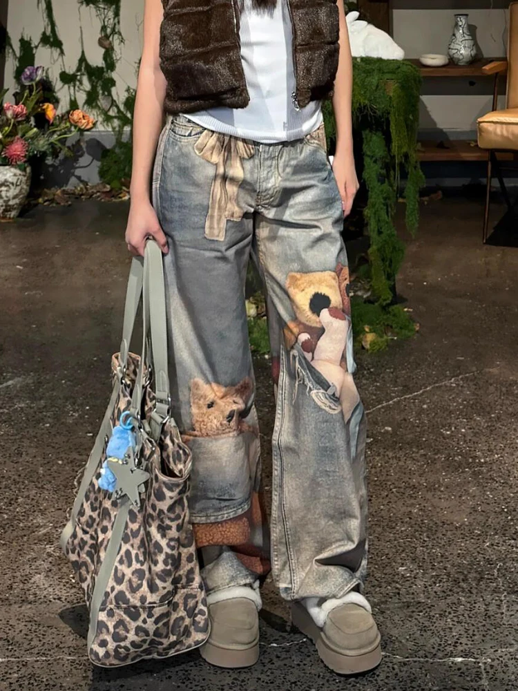 

Джинсы женские летние в стиле ретро с американским дизайном, принтом медведя, высокой талией, прямые, в пол, свободные, для дерзких девушек