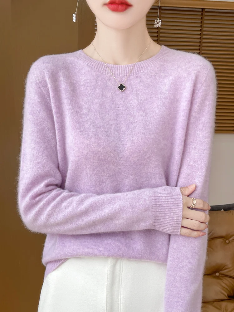 Suéter de lana merina de 100% para mujer, jerséis con cuello redondo, prendas de punto de Cachemira suaves y cómodas, Tops con parte inferior Base para mujer