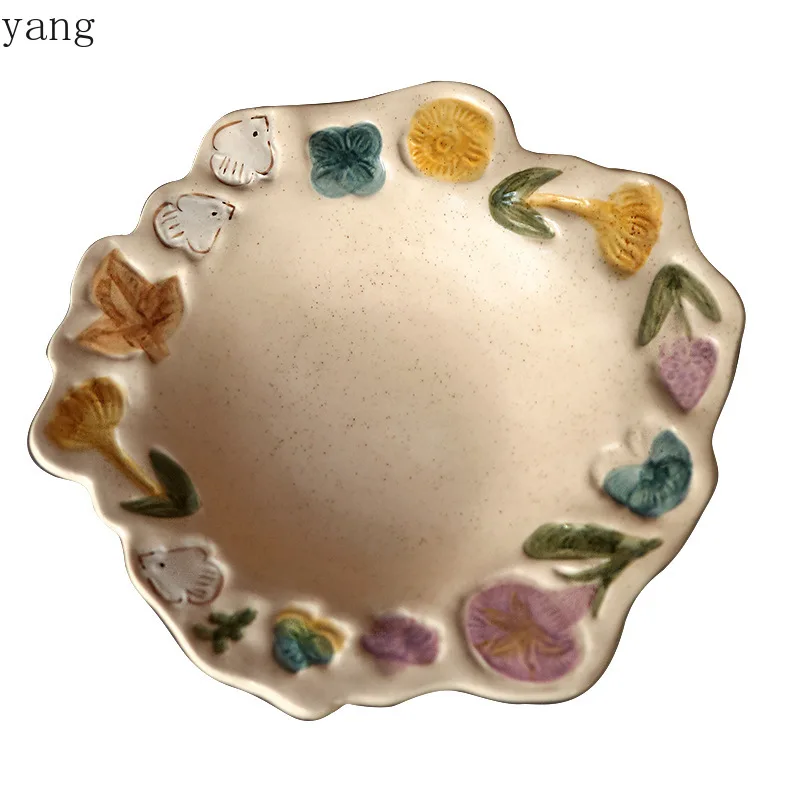 

CX Ceramic stoneware plate Sesame glaze dessert plate Flower deep dish embossed salad bowl