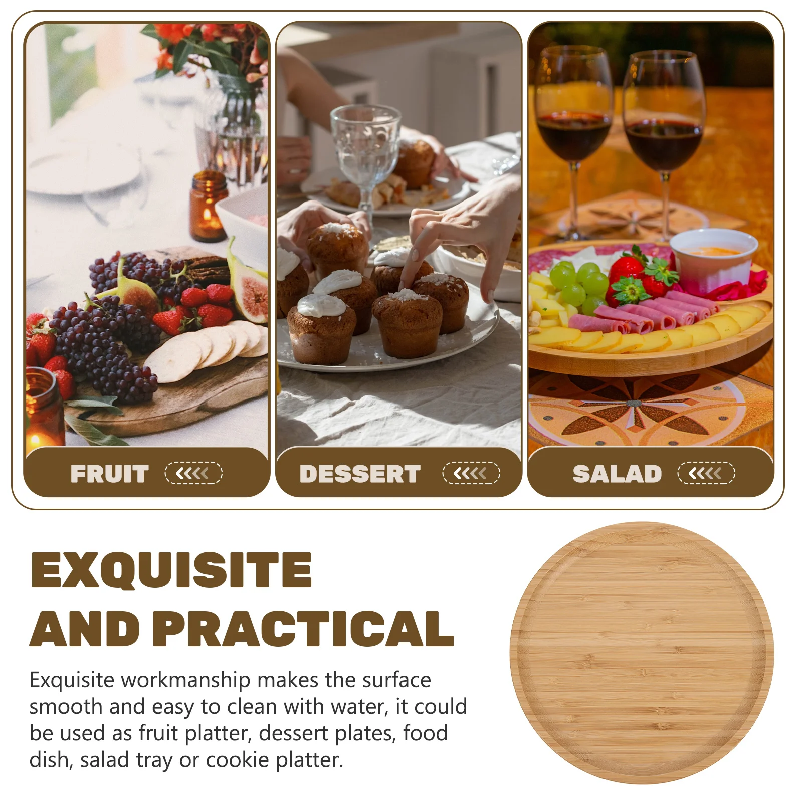 

Tea Fruit Plate Wooden Food Serving Tray Round Platter for Dessert Fruit Storage Bamboo Decorative Dish Party Wedding Event