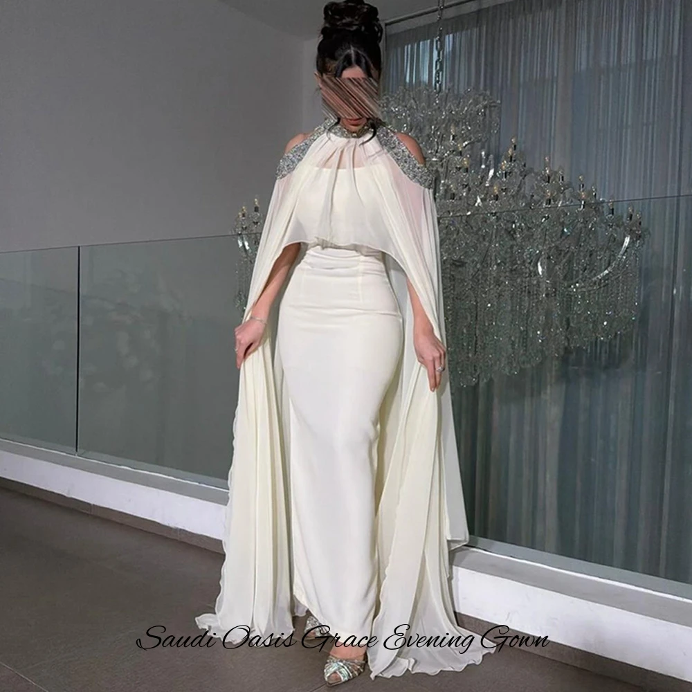 High Quality Satin Sleeveless Celebrity Gowns with Shawl Elegant Mermaid Vestido De Festa Delicate Crystal Customized Prom Dress image 3