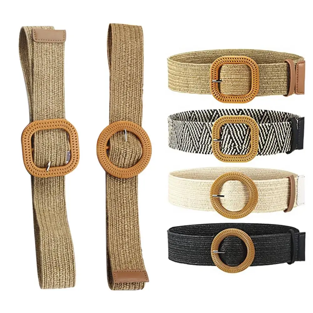 Belt Women Elastic Dress Belt Boho Weaving Straw Waist Band Pin Buckle Dress Jeans Decor Wooden Style Buckle Waist Dress Band