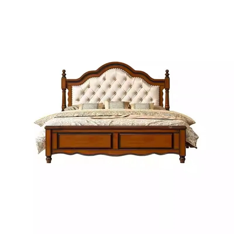 

American light luxury solid wood bed high-end atmospheric retro double bed leather soft storage wedding bed