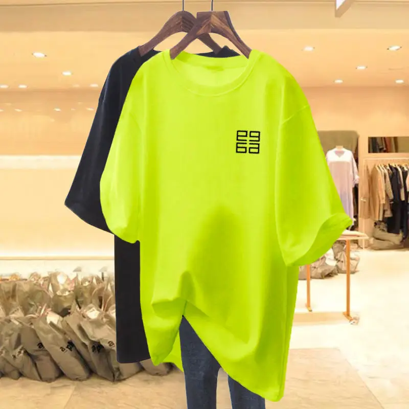 

Women Mid-length Pure Cotton Printed Fluorescent Green T-shirt Loose Summer Tops Casual O-neck Chic Y2k Pullovers