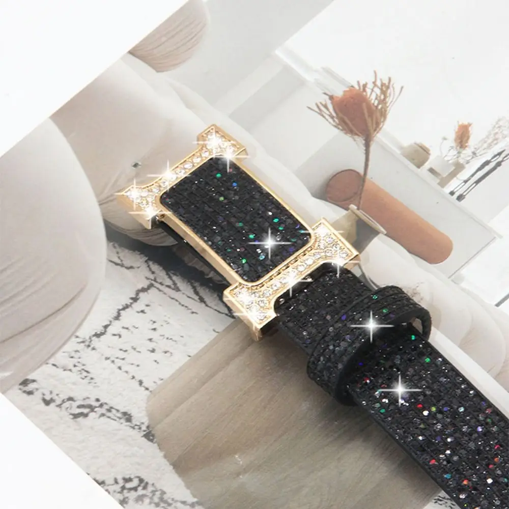 Fashion Bling Bling Sparkling Rhinestone Belt Glitter Luxury Brand Design Slide Buckle Belt Versatile Trendy Waistband Women