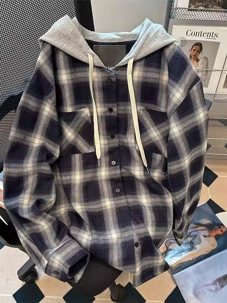 

Пальто свободного кроя в клетку с капюшоном для мужчин и женщин, весна-осень, повседневное, комфортное, винтажное, на пуговицах, не требует глажки, с длинными рукавами