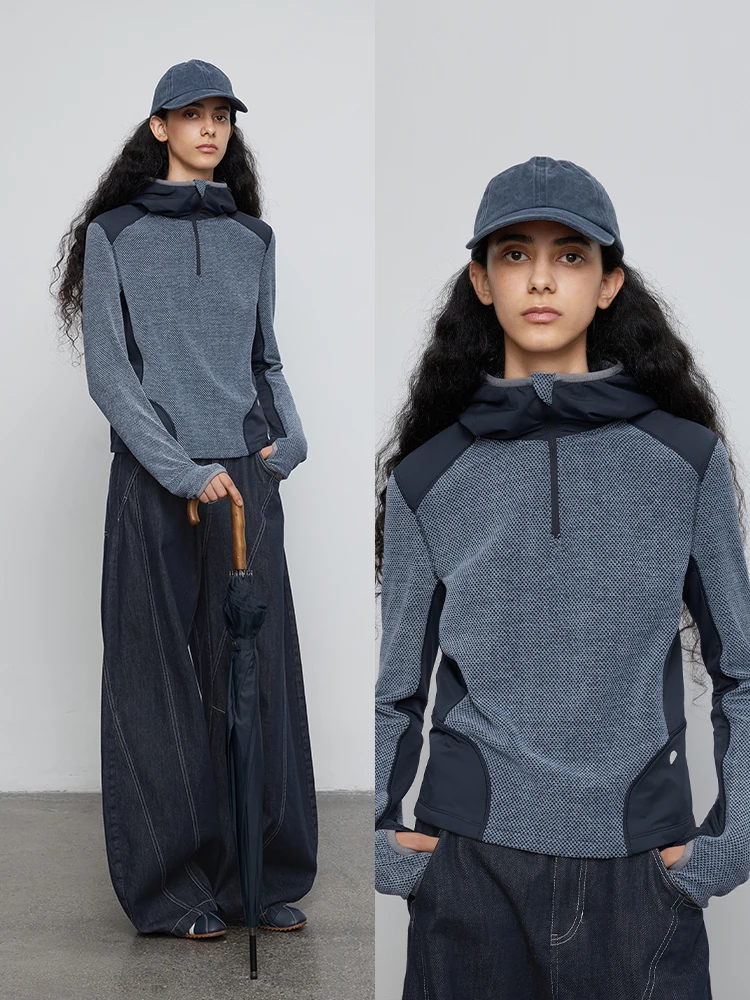 

Женская футболка с круглым вырезом, оригинальный дизайн, осенняя, для активного отдыха, повседневная, с длинным рукавом, фактурная, в стиле пэчворк, с капюшоном, для женщин