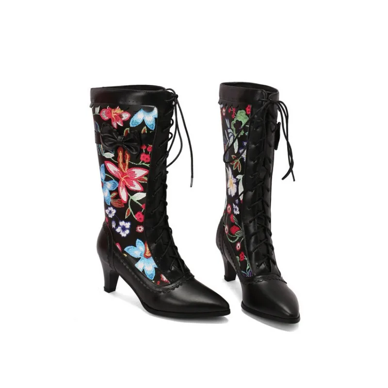 Women Lolita Brogue Mid Calf Knight Boots Printed Splicing Pointed Block Heel Front Lace Up Gothic Shoes