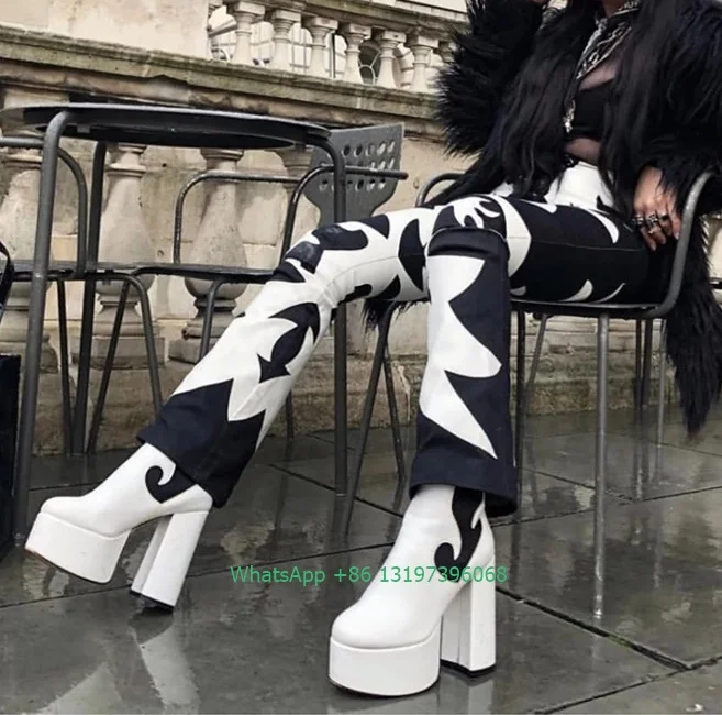 

Lady white black print ankle boots platform design chunky heel boots solid punk shoes summer fall daily dress shoes footwear 46