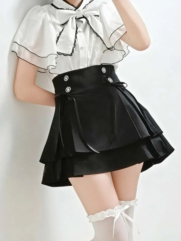 

Two Piece Set SJapanese Y2K Aesthetic Lolita Style Skirt Set Women Korean Elegant Cute Bow Chiffon Blouse Mini Skirts Gothic
