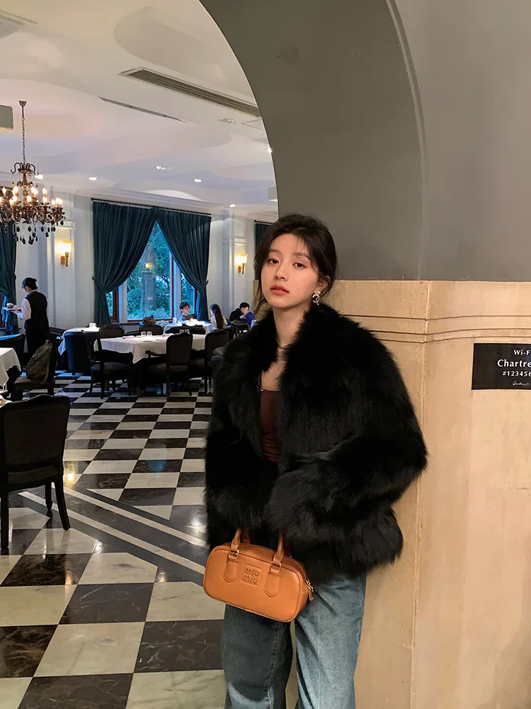 Women Faux Fox Fur Coats Solid Short Jackets Long Sleeves Turn Down Collar Open Stitch Loose Elegant Casual 2026 Autumn Winter