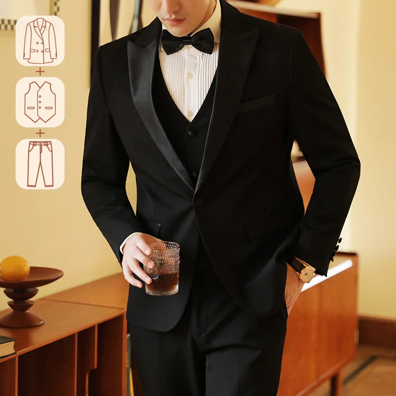 

Men's Three-piece Suit (jacket, Vest, Trousers), Black Business Casual Workwear, Groom's Wedding Suit, High-quality Suit. 7XL-M